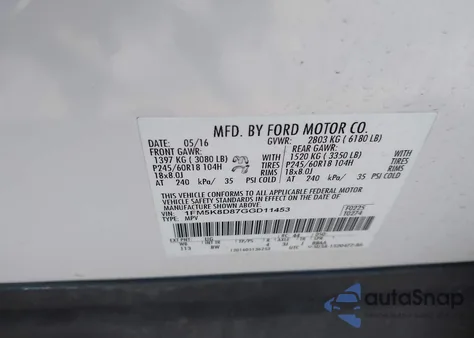 2016 Ford Explorer Xlt из США, поврежденный, VIN 1FM5K8D87GGD11453